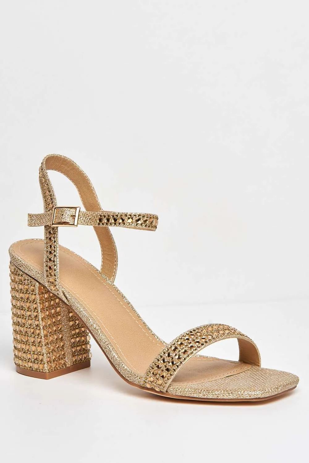 Garla Diamante Embellished Ankle Strap Heeled Sandals in Gold