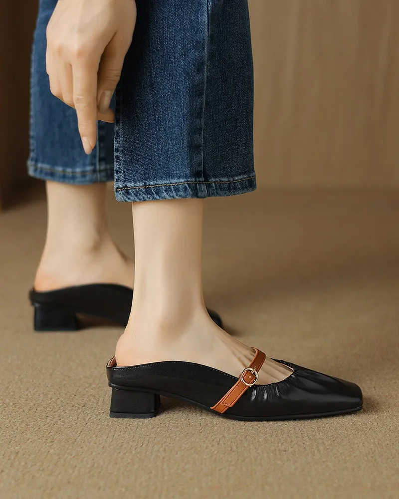 Genuine Leather Low Heel Toe Mule Sandals