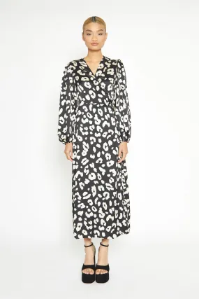 Glamorous Black Cream Large Leopard V Neck Long Sleeve Wrap Dress