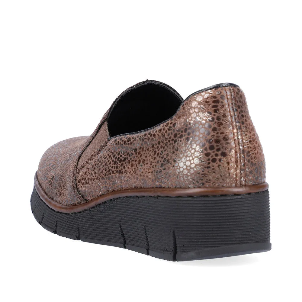 Ladies Rieker Shoes Wedge Heel Slip On Brown Multi 53766-24 sale