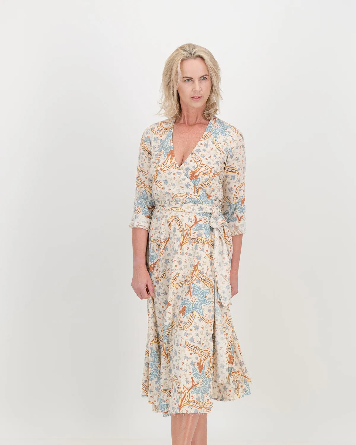 l/s eva wrap dress - natural floral