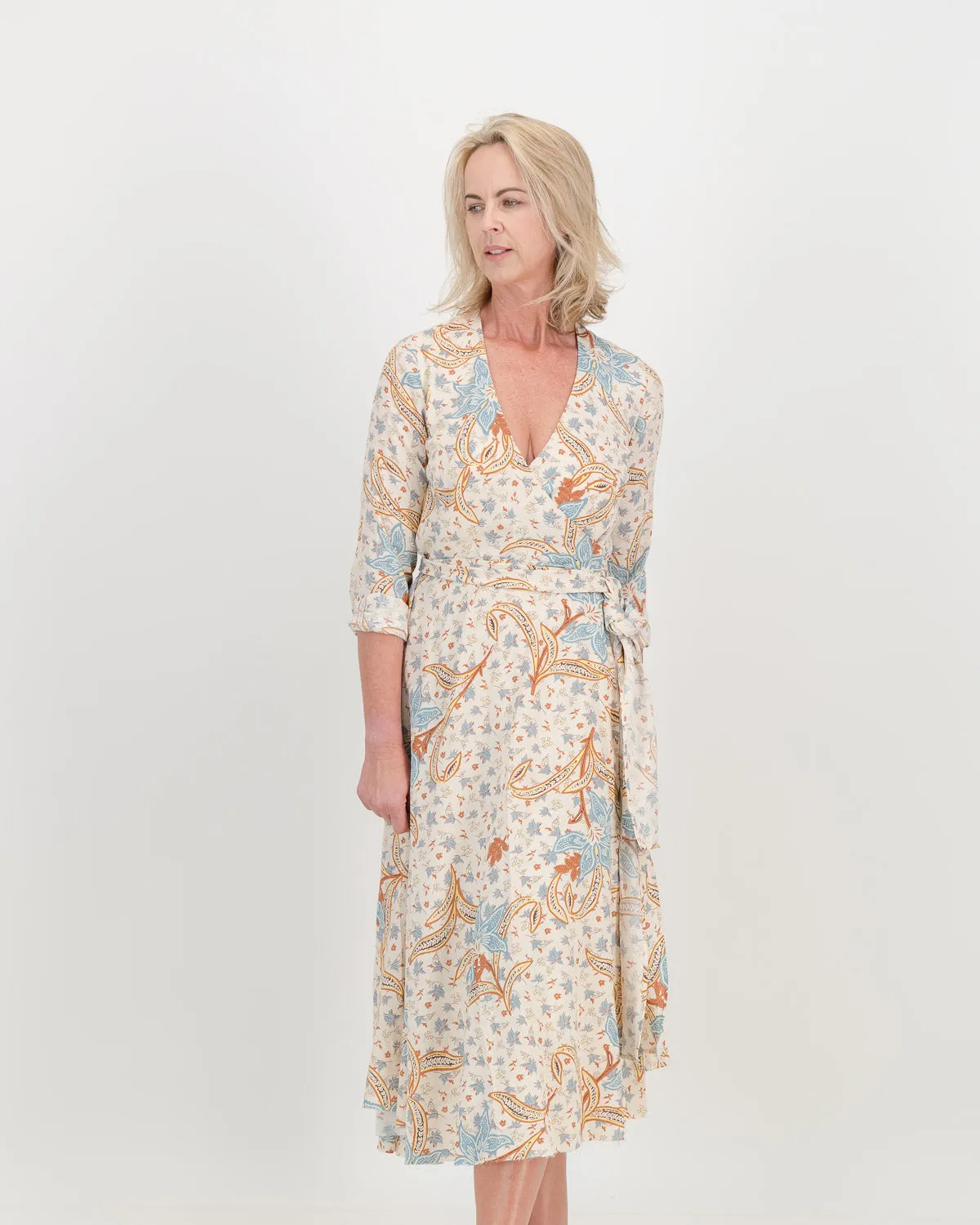 l/s eva wrap dress - natural floral