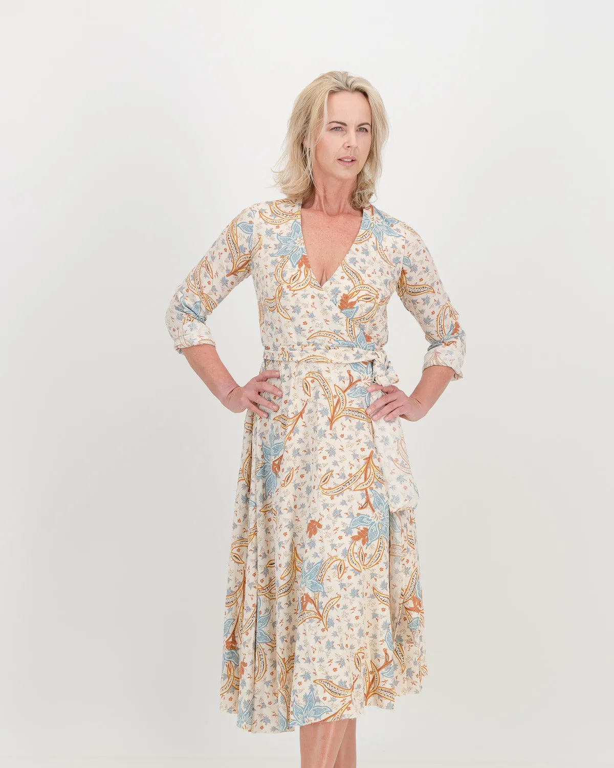 l/s eva wrap dress - natural floral