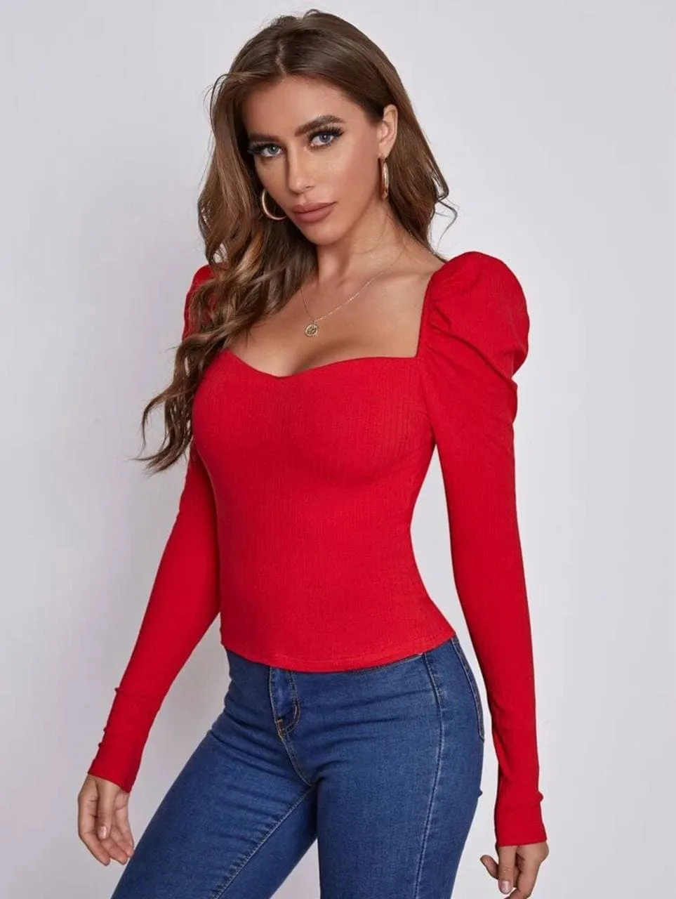 Mary Sweetheart Neck Leg-of-mutton Sleeve Top