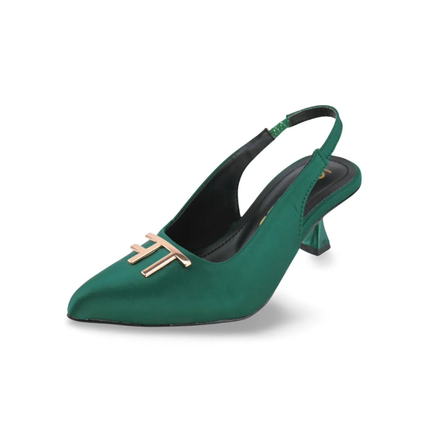 Purple and Green Satin Slingback Heels with Gold T-Logo Buckle