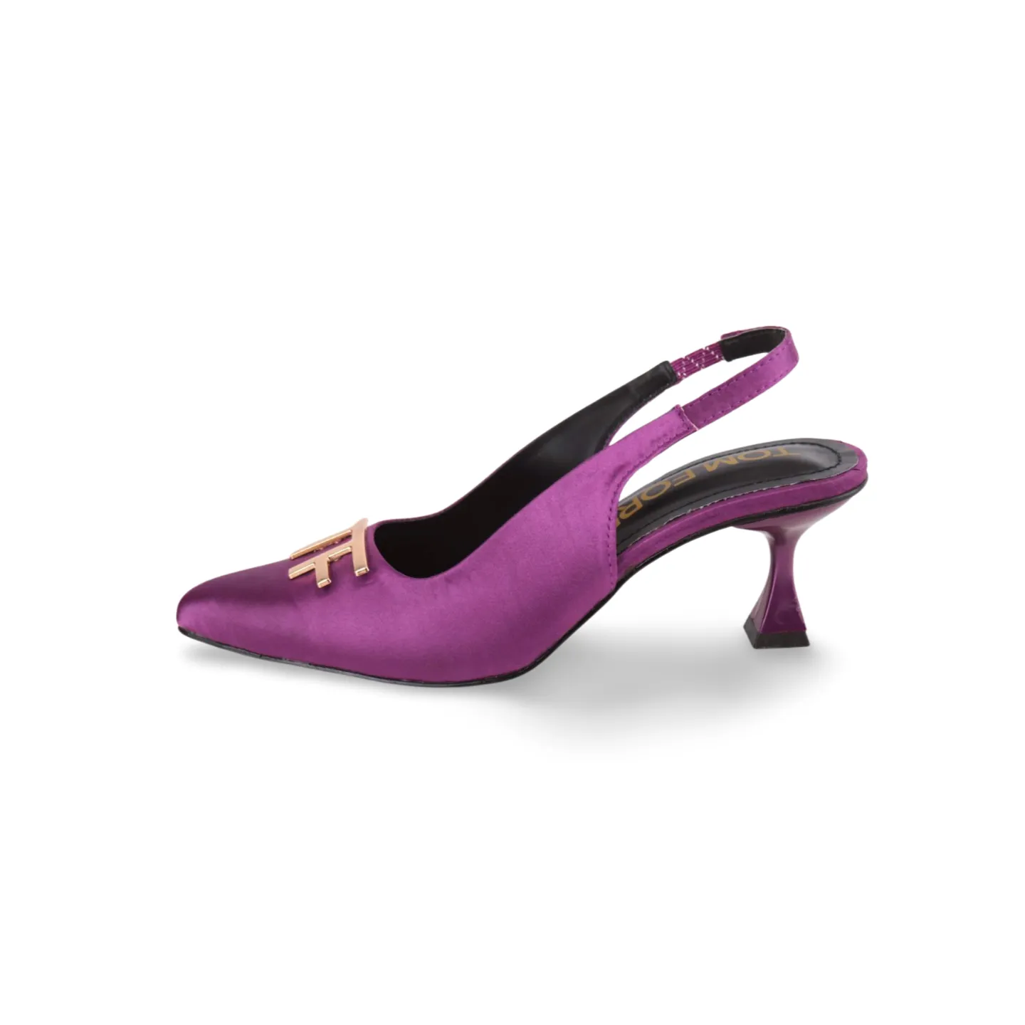 Purple and Green Satin Slingback Heels with Gold T-Logo Buckle