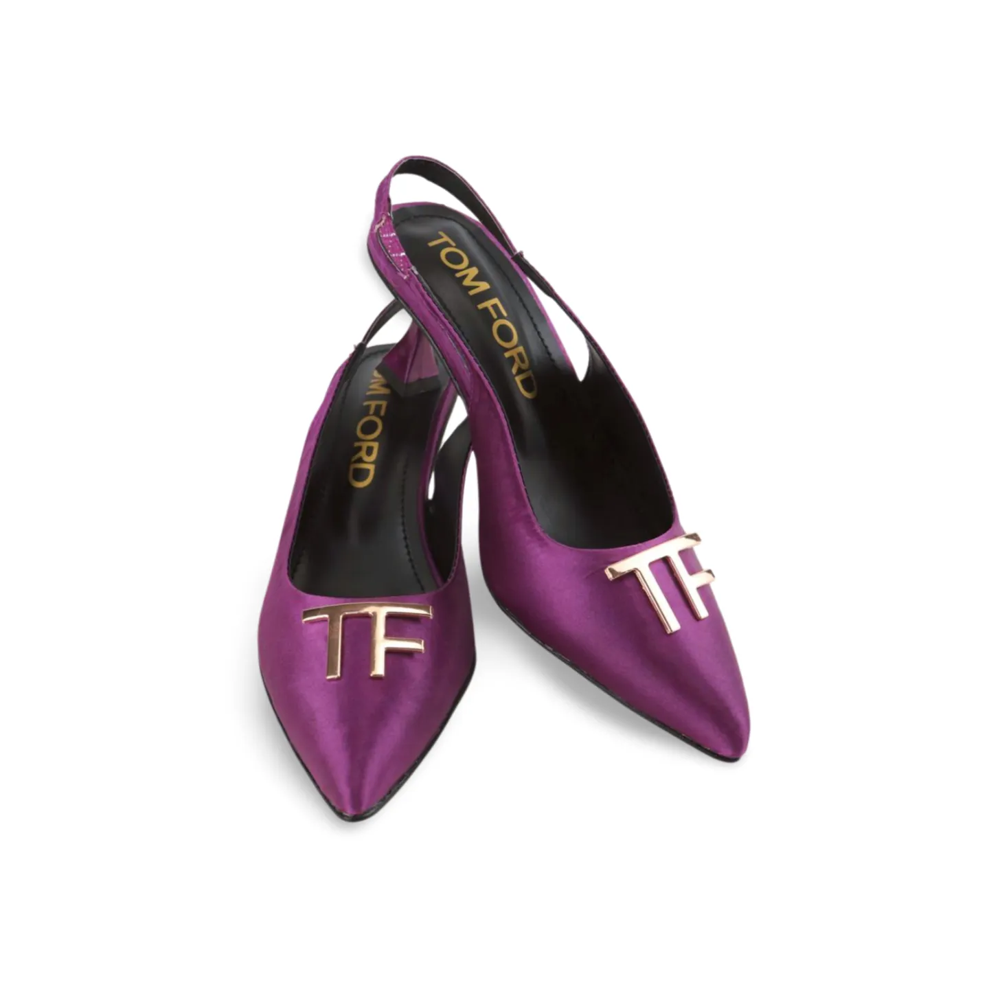 Purple and Green Satin Slingback Heels with Gold T-Logo Buckle