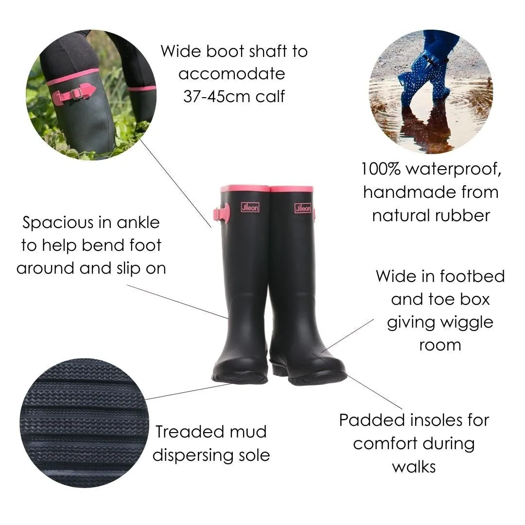 Wide Calf Wellies - Navy with Reflective Strip on Rear - Wide in Foot & Ankle