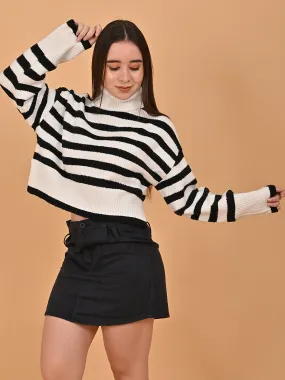 Women Black Striped Loose Drop Shoulder Sweater