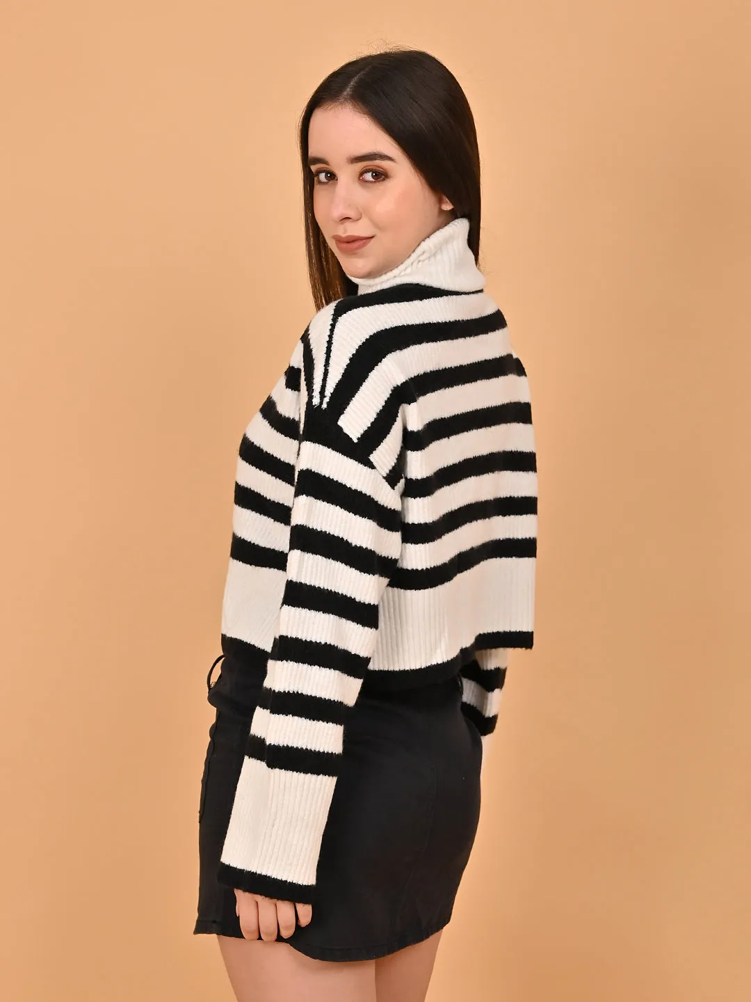 Women Black Striped Loose Drop Shoulder Sweater